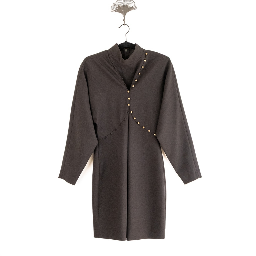 Nicole Miller Black Puff Sleeve Button Dress Mock Neck Women's $395 - Size 10 - Picture 5 of 14